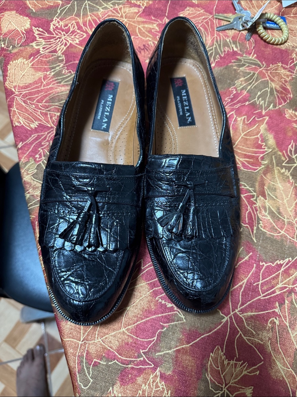 Mezlan Black Croc-Embossed Tassel Loafers. Genuine crocodile leather